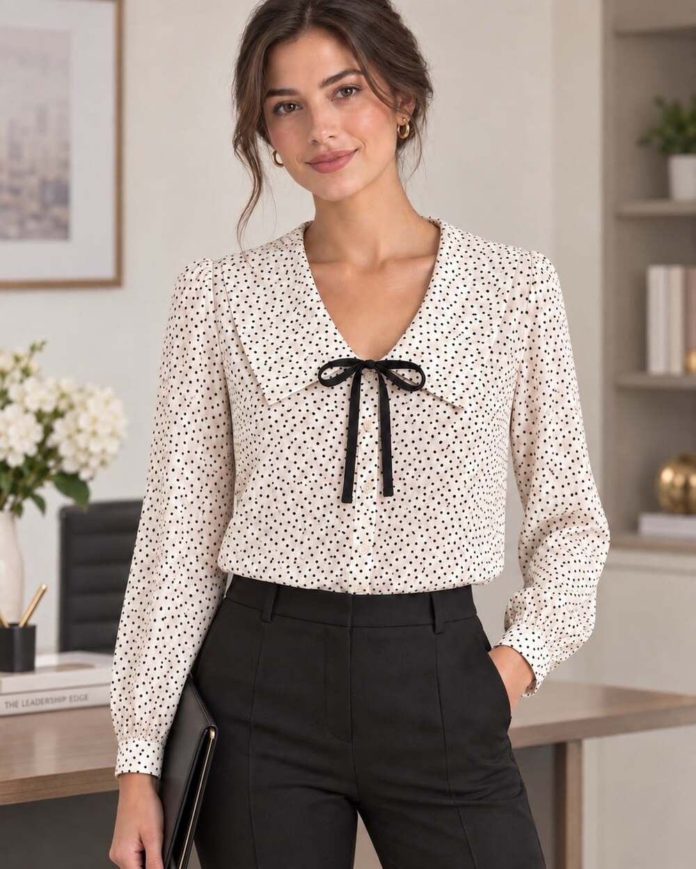 Old Navy S White Black Bow Top Oversize Collar Polka Dot Blouse Office Career